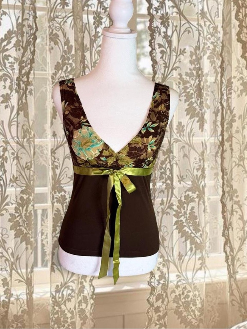 Vintage Y2K Deadstock Brown & Green Fairycore Lacey Top With Empire Waist Ribbon